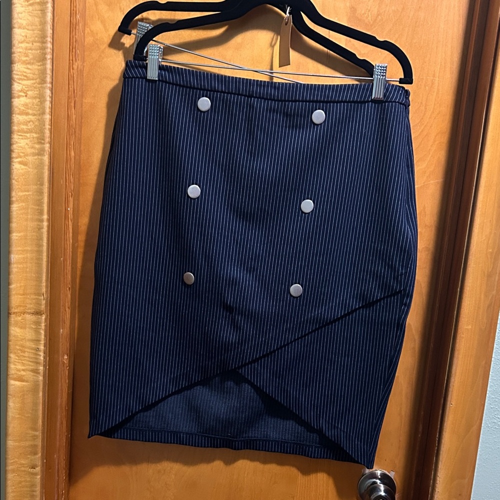 Cato Navy Pinstripe Pencil Skirt with Silver Buttons
